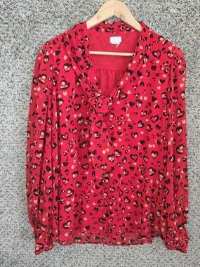 Chicos Top Womens 2 US Large Red Animal Print Sheer Blouse Neck Tie Ladies